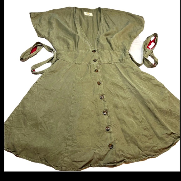 Marine Layer GREEN Flared Short DRESS 15109 V Neck Button Up tie Waist Women’s S - Picture 1 of 16